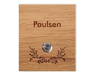 Klingelschild Eiche (12x14cm) LED Taster personalisiert – Haus Edel Haustür Hauswand Eingang Namensschild Holz Name Familie Klingel