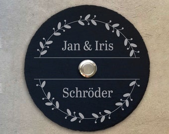 Doorbell plate slate (ø15 cm) LED button personalized – House Edel front door house wall entrance nameplate wood name family