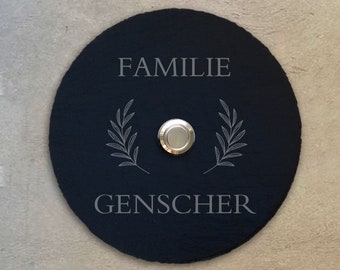 Klingelschild Schiefer (ø15 cm) LED Taster personalisiert – Haus Edel Haustür Hauswand Eingang Namensschild Holz Name Familie