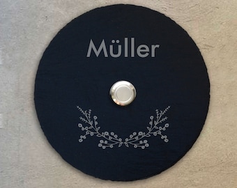 Klingelschild Schiefer (ø15 cm) LED Taster personalisiert – Haus Edel Haustür Hauswand Eingang Namensschild Holz Name Familie