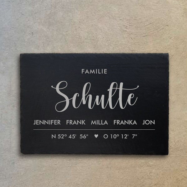 Namensschild Schiefer (L30xB20) mit Gravur <NAME> und Koordinaten personalisiert – Türschild Edel Natur Familie Namen Adresse Geschenk