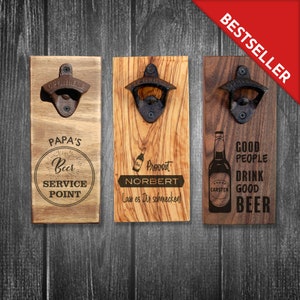 Wall bottle opener with engraving - customizable - man grill BBQ gift Father's Day men's tool birthday wood beer