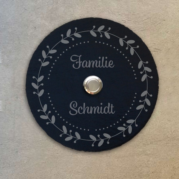 Klingelschild Schiefer (ø15 cm) LED Taster personalisiert – Haus Edel Haustür Hauswand Eingang Namensschild Holz Name Familie