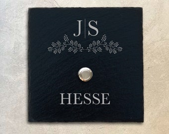 Doorbell plate slate (15 x 15 cm) LED button personalized – House Edel front door house wall entrance nameplate bell name family
