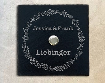 Belbord leisteen (15 x 15 cm) LED-knop gepersonaliseerd - huis edele voordeur huis muur ingang naambord naam familiebel