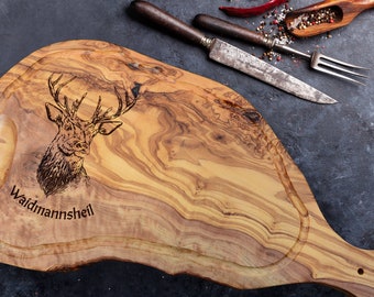 Tagliere personalizzato in legno d'ulivo | Inciso con "WAIDMANNSHEIL" (saluto del cacciatore) con un motivo di cervo e il testo a tua scelta | Regalo per Natale, caccia, cacciatori