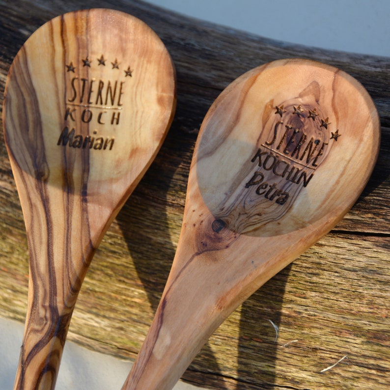 Olive wood cooking spoon with engraving Star Chef personalized gift Mother's Day Father's Day birthday husband wife chef helper image 5