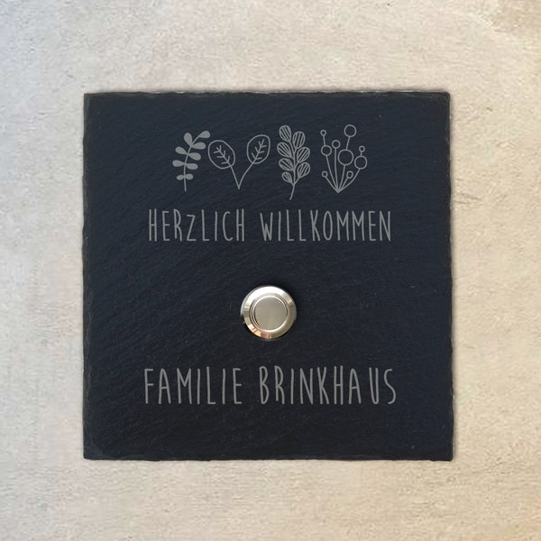 Klingelschild Schiefer (15x15 cm) "BRINKHAUS" LED Taster personalisiert – Haus Edel Haustür Wand Eingang Namensschild Klingel Name Familie