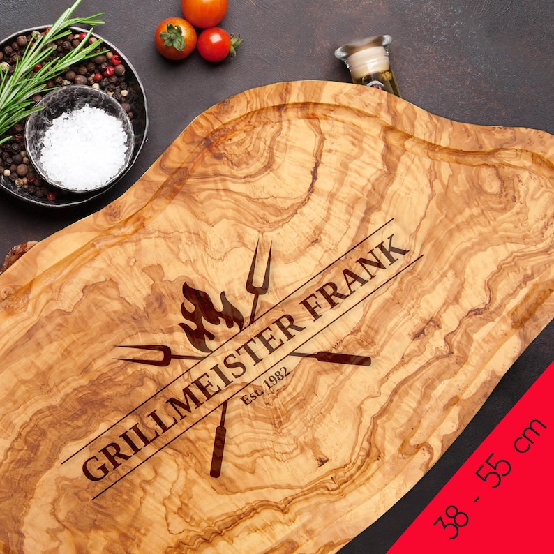 Carving board made of olive wood with juice groove laser engraving GRILLMEISTER NAME personalized cutting board meat grill BBQ gift image 2