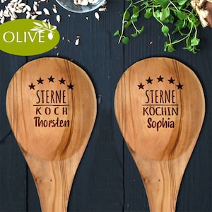 Olive wood cooking spoon with engraving Star Chef personalized gift Mother's Day Father's Day birthday husband wife chef helper image 1