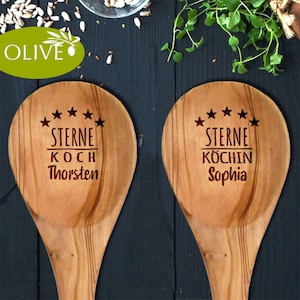 Olive wood cooking spoon with engraving "Star Chef" – personalized gift Mother's Day Father's Day Birthday Man Woman Cook Helper