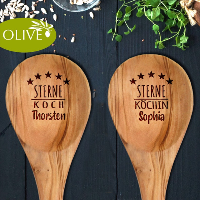 Olive wood cooking spoon with engraving Star Chef personalized gift Mother's Day Father's Day birthday husband wife chef helper image 1