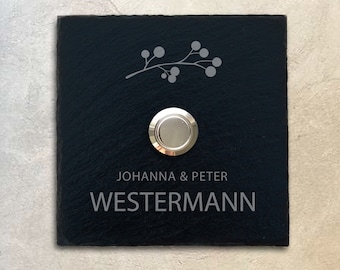 Doorbell plate slate (10 x 10 cm) LED button personalized – House Edel front door house wall entrance nameplate bell name family