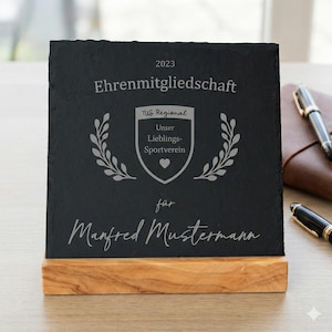Honorary Membership Slate Plaque Personalized with Wooden Base - Award Gift for Club, Sports Club, Anniversary, Employee, 15 x 15 cm