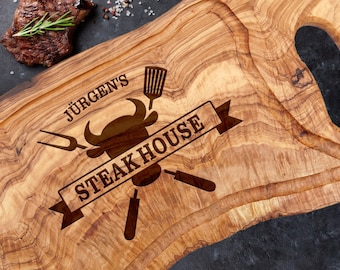 Tagliere per bistecca in legno d'ulivo con linguetta del manico incisione laser STEAKHOUSE - tagliere personalizzato per carne, griglia per barbecue, regalo