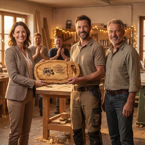 Eine Frau übergibt einem Mitarbeiter ein Olivenholzbrett mit Lasergravur Traktor und dem Namen des Beschenkten .
