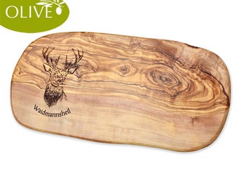 Tagliere in legno d'ulivo con testa di cervo e saluto del cacciatore – Regalo rustico per cacciatori e amanti della natura – Tagliere per snack personalizzato
