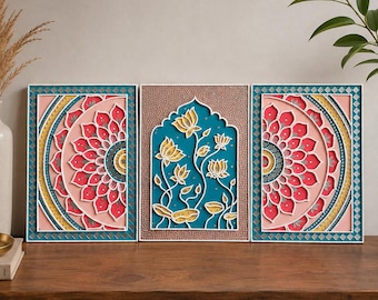 May include: A triptych of three rectangular wall art panels. The two outer panels feature a symmetrical pink and yellow mandala design with teal borders. The center panel displays a teal archway containing yellow lotus flowers on vines.