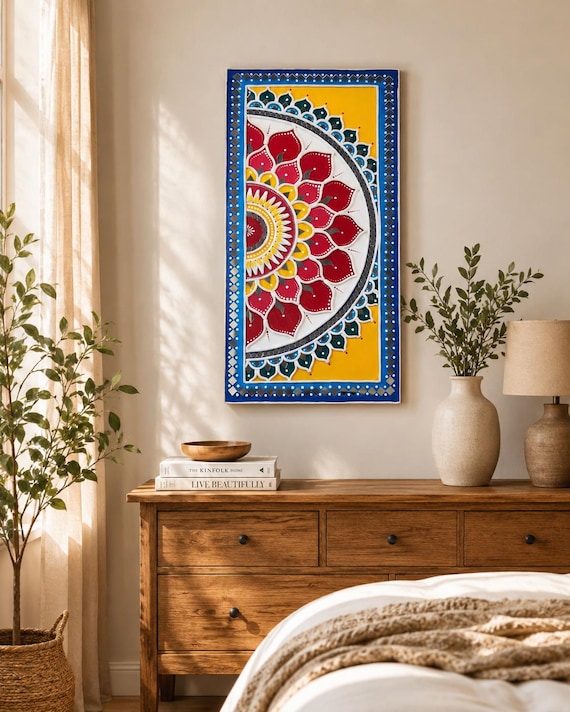 プリミティブアート インテリアアート Vertical Lippan Mandala Wall Art, Mud Mirror Indian Folk Decor - Etsy