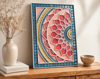 May include: A rectangular wall art piece featuring a semi-circular mandala design in shades of pink, red, and yellow. The frame is decorated with small square mirrors and a blue border. The artwork has raised white outlines and intricate patterns.