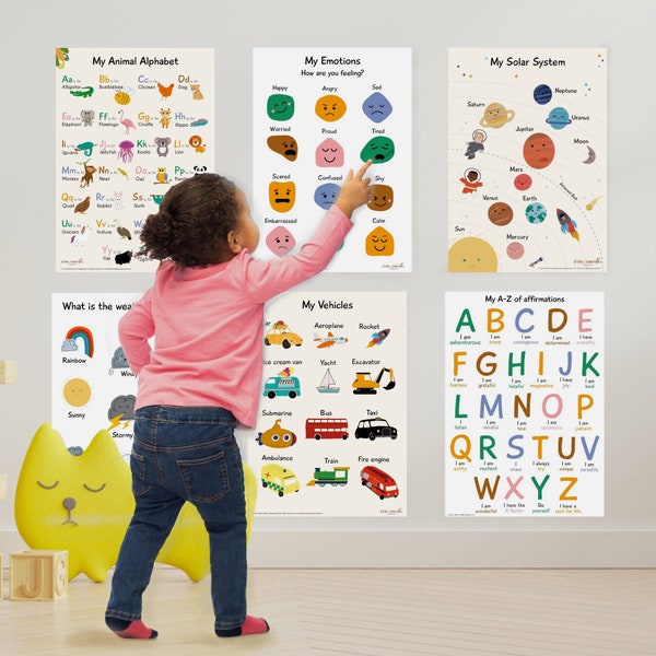 Set of 6 educational posters ~ Alphabet and Affirmations posters ~ Emotions Print ~ Posters for children's room