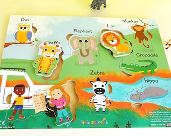 Quebra-cabeça infantil de madeira, quebra-cabeça Safari, brinquedos Montessori, brinquedos de madeira, brinquedos educativos, presente de Natal, feito à mão, quebra-cabeça de animais