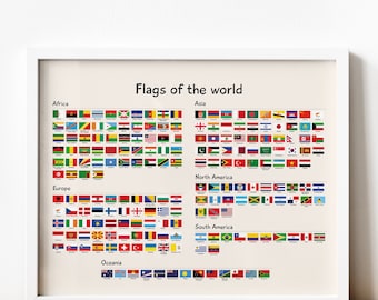 Flags of the world wall art, Art print unframed, Educational poster, Classroom chart, Giclée print, Size A3