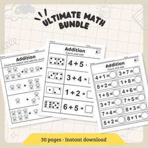 Może przedstawiać: Trzy arkusze ćwiczeń do ćwiczenia dodawania. Arkusze zawierają zadania z dodawania z obrazkami psów i kostek do gry. Tekst "ULTIMATE MATH BUNDLE" znajduje się na górze. Na dole obrazu widnieje napis "30 pages - Instant download".