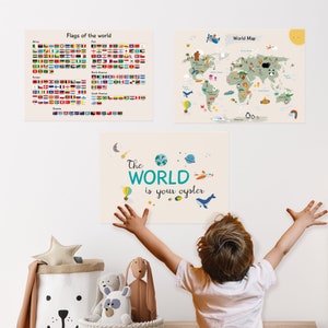 3er Lernposter ~ Weltkarte - Die Welt gehört dir - Flaggen der Welt - Kinder Poster - Kinderzimmer Poster -