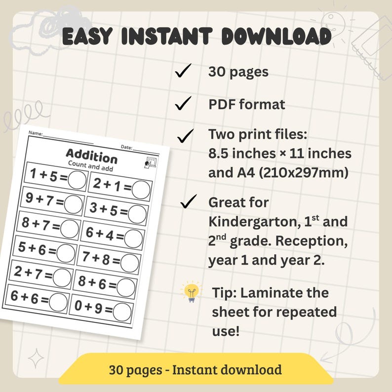 30 Printable Addition Math Worksheets | for Kindergarten 1st Grade 2nd ...