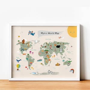 Personalised World Map Print, A4-A3, Kids Bedroom Maps, Animals Of The World, Animal Maps Print, Safari Decor, Nursery Print, Unframed
