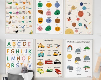Set of 3 or 6 educational posters ~ Alphabet and Affirmations Poster ~ Emotions Print ~ Playroom ~ Homeschool Learning ~ Classroom Decor