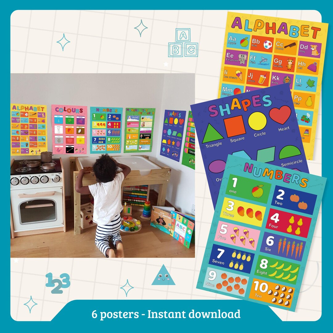 Set of 6 Educational Posters ~ Alphabet and Numbers Posters ~ Playroom ...