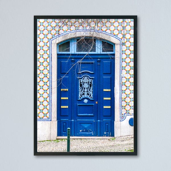 Blue Lisbon Door on Azulejos Tile Wall / Instant Download Poster Wall Art / Travel Photography / Portugal Architecture