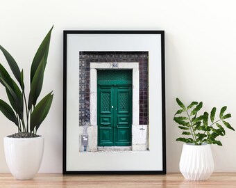 Dark Green Lisbon Door + Azulejo Tiles / Downloadable Poster Wall Art / Travel Photography / Portugal Architecture