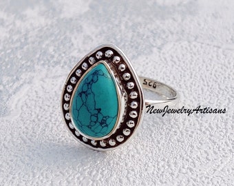 Anello Turchese Ovale In Argento 925 Fatto A Mano - MO339 (Tutte Le Misure)