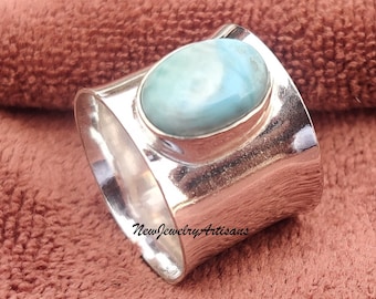 Handmade Larimar Ring: Wide Band Sterling Silver Boho Ring