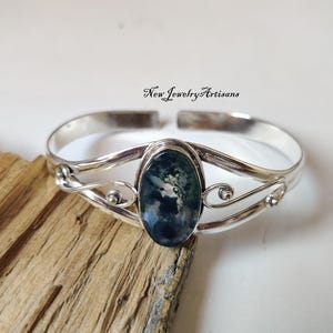 Pulsera de ágata musgosa de plata 925 hecha a mano: pulsera ajustable con piedras preciosas ovaladas