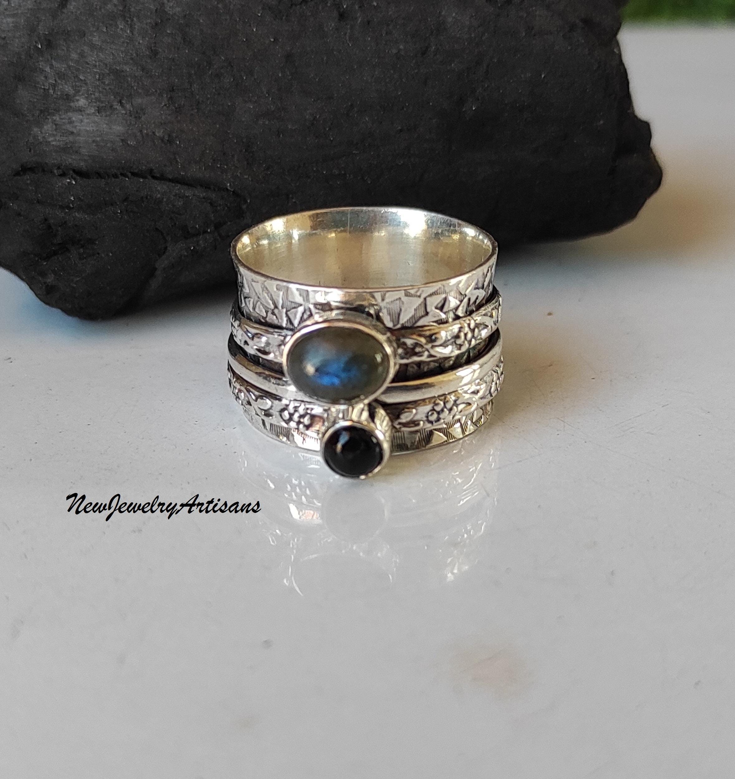 Labradorite & Black Onyx Spinner Ring: Handmade Sterling Silver