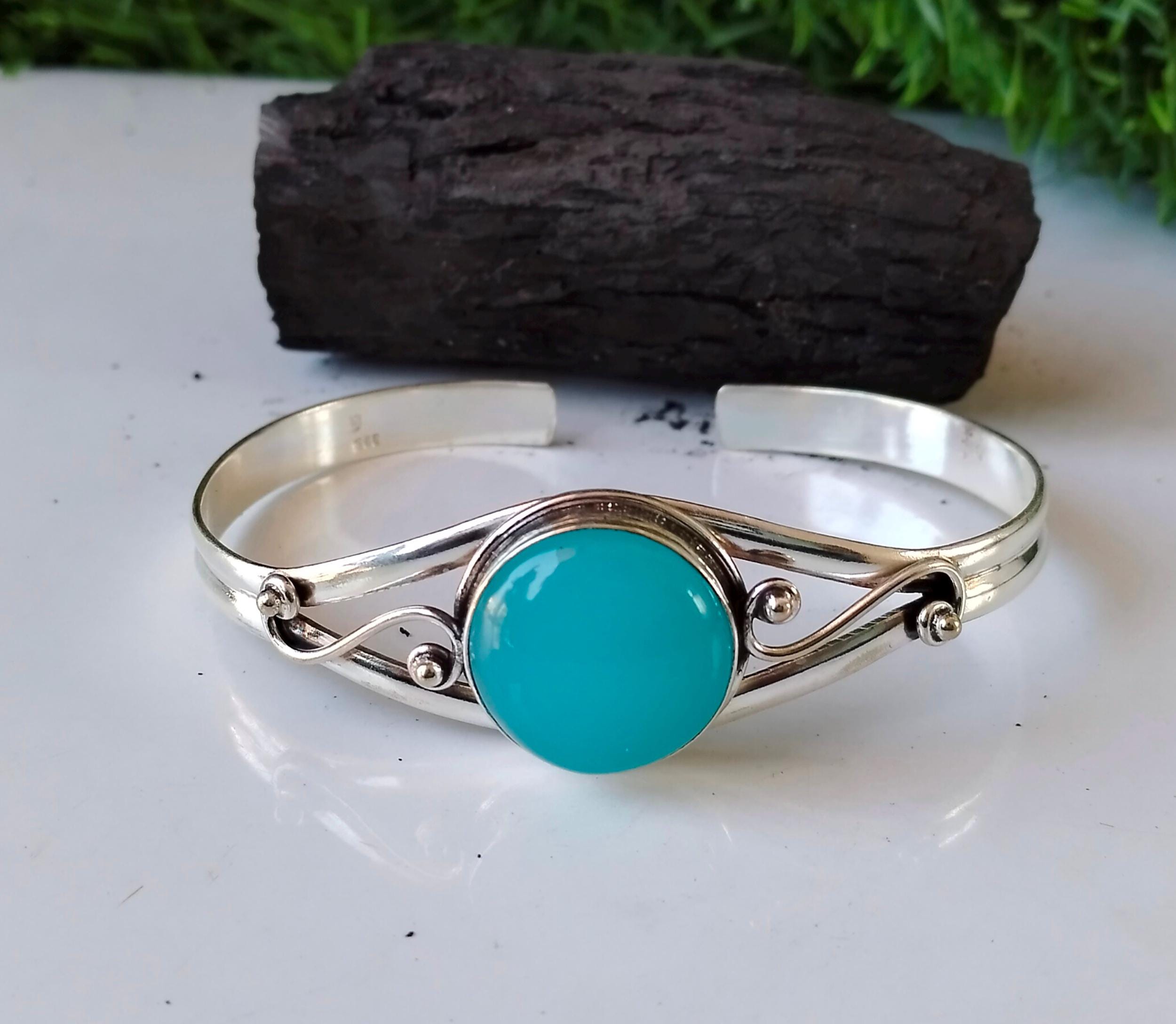 Blue Chalcedony Bangle: Handmade 925 Sterling Silver Plated