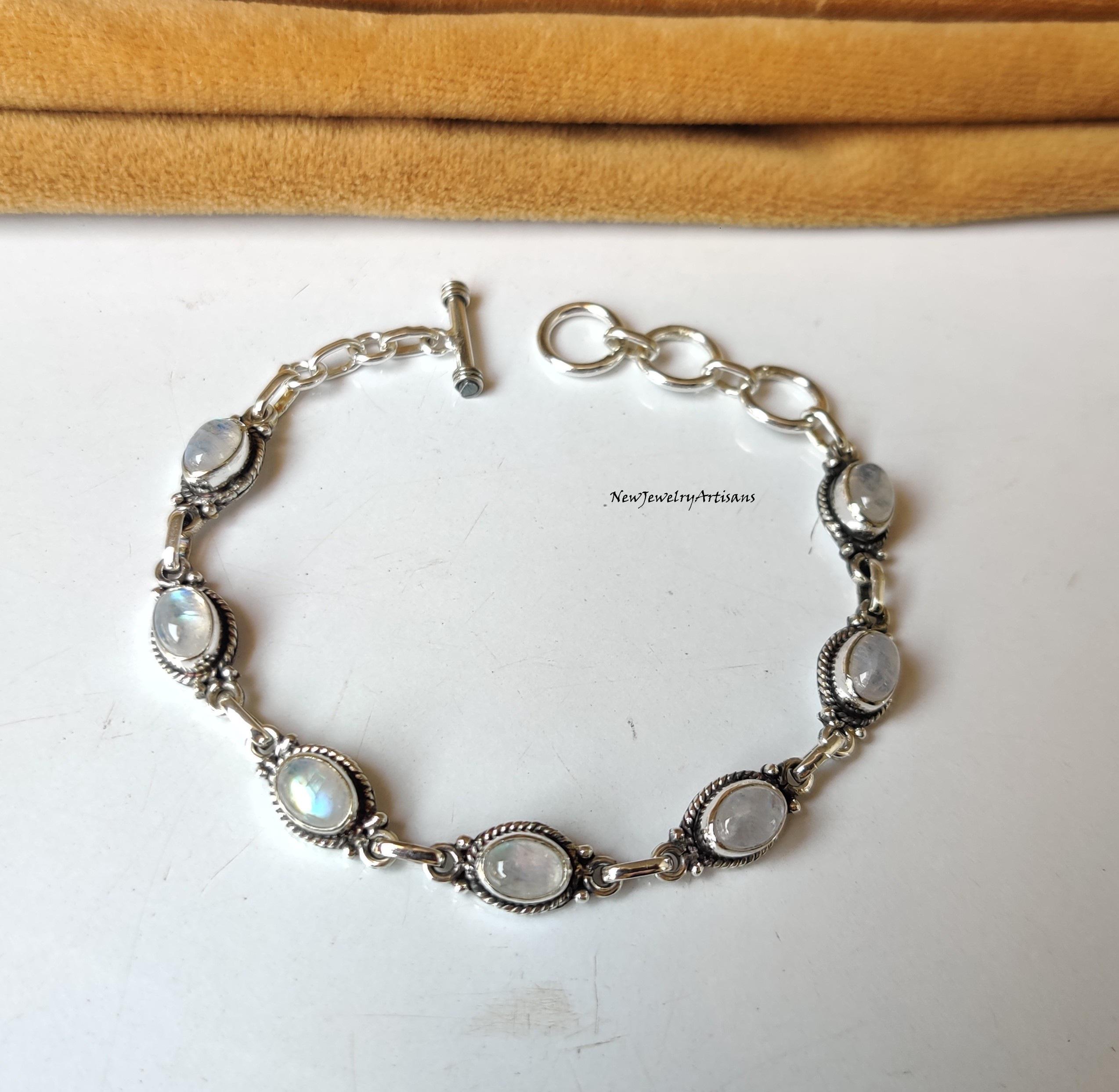 Handmade Sterling Silver Moonstone Bracelet: Seven Oval Gemstones