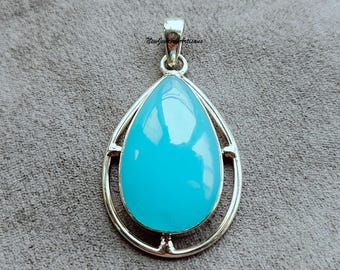 Aqua Chalcedony Pendant: Pear Gemstone, Sterling Silver, December Birthstone