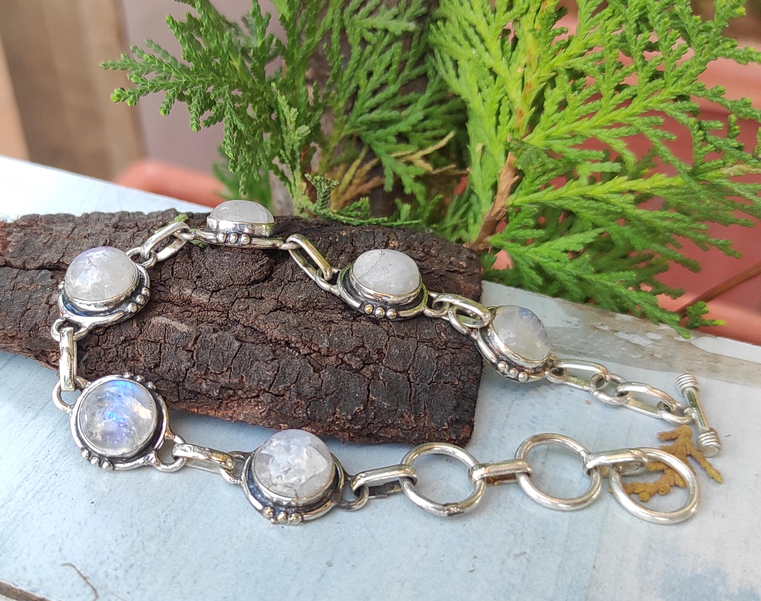 Rainbow Moonstone Bracelet: Handmade 925 Sterling Silver, Six