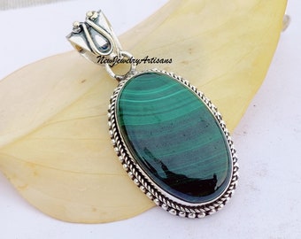 Pendentif Vintage Argent Sterling 925 Avec Malachite Naturelle Ovale - Pièce Unique Signée