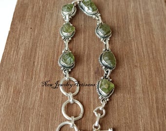 Bracelet péridot brut : bracelet réglable en argent sterling avec pierres précieuses