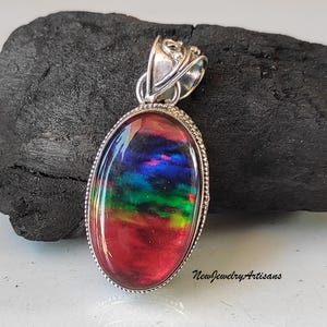 Handmade Ammolite Pendant: Oval Gemstone, Sterling Silver