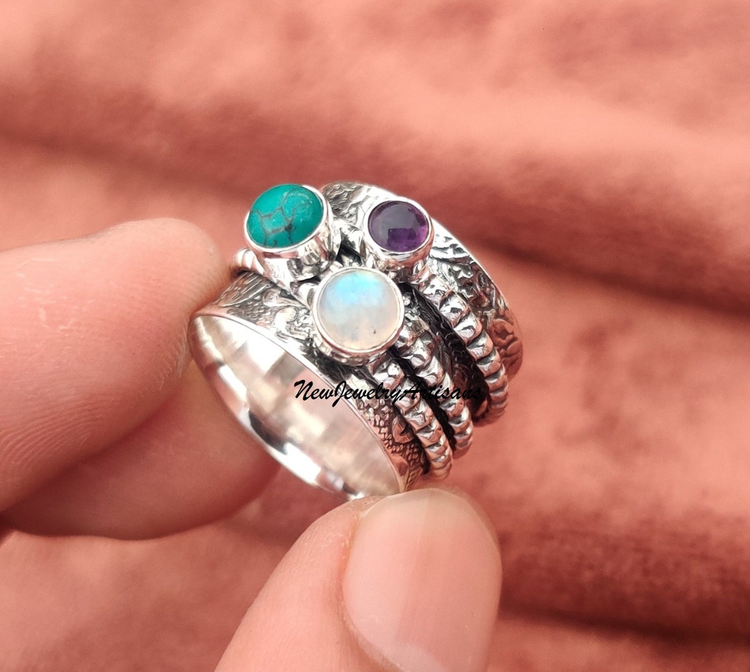 Turnt Silver Rings Handmade Sterling Silver Spinner Ring: Moonstone, Turquoise, and ...