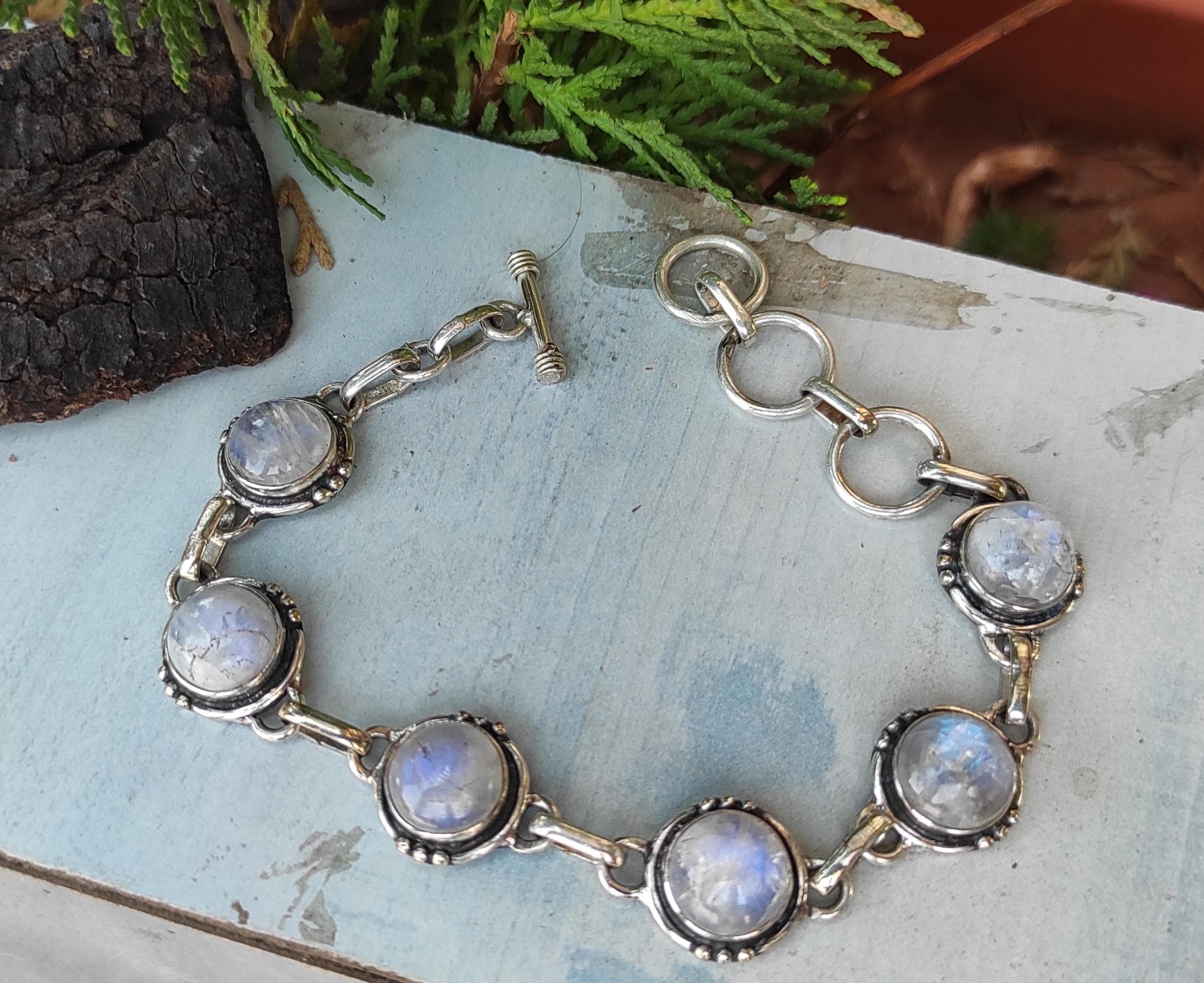 Rainbow Moonstone Bracelet: Handmade 925 Sterling Silver, Six