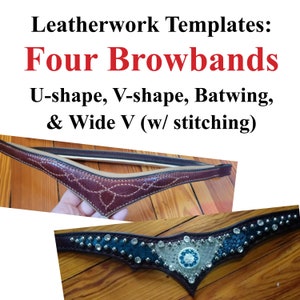 Op de afbeelding: Vier lederen browband sjablonen voor paardentuig: U-vorm, V-vorm, vleermuis en brede V met stiksels.