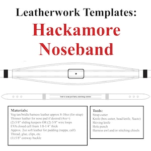 May include: A black and white line drawing of a leather hackamore noseband template. The template includes instructions for sewing the noseband together, as well as a list of materials and tools needed for the project.